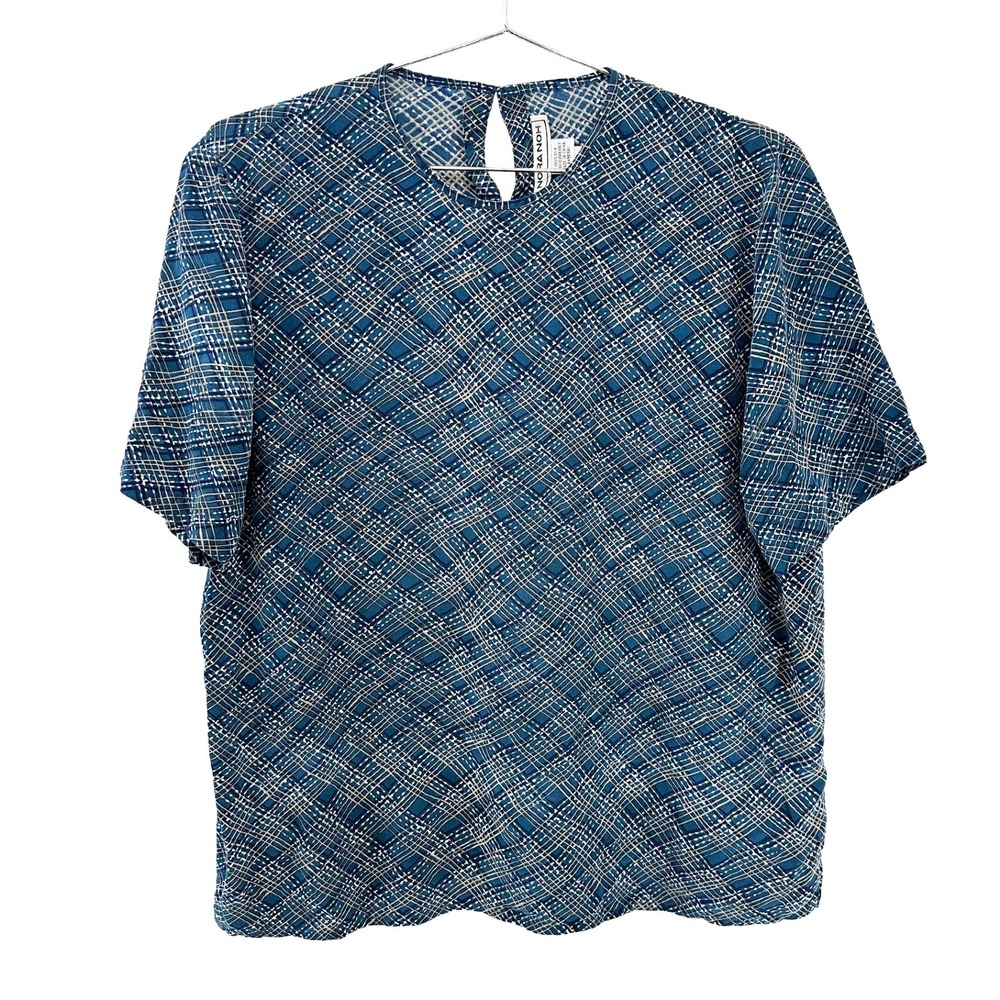 NORA NOH 100% Silk Crew Neck Tee Blouse • Large • blue white tan boho indie chic